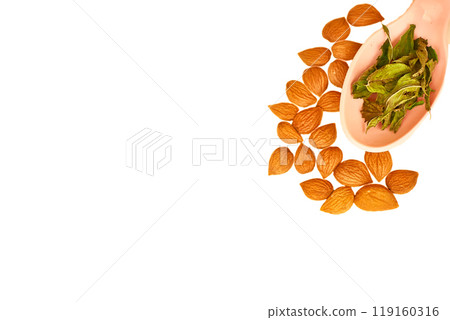 Spices. Spoon with mix of various aromatic dried herbs and apricot kernels Spices. Spoon with mix of various aromatic dried herbs and apricot kernels 119160316