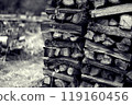 Autumn rural landscape with piles of firewood 119160456