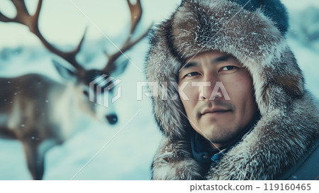 Inuit Man in Traditional Fur Clothing with a Reindeer 119160465
