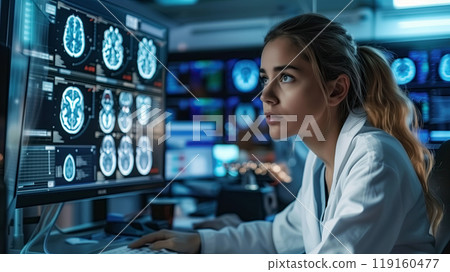A focused female neuroscientist with glasses is carefully analyzing brain scans displayed on multiple digital screens in a high-tech medical facility A focused female neuroscientist with glasses is carefully analyzing brain scans displayed on multiple digital screens in a high-tech medical facility 119160477