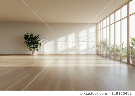 Bright Minimalist Room with Large Windows and Plants 119160491