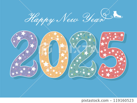 A colorful 2025 adorned with white stars and outlined in pure white. The Happy New Year text glides gracefully, resembling a skater's mark on pristine ice. This vector illustration embodies the spirit 119160523