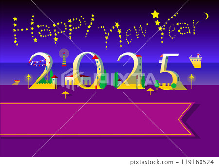 Coastal Serenity: Happy New Year 2025. The yellow text resembles stars in the night sky, while the numbers take the form of white houses. The backdrop features the serene sea and sandy beach. A spacio 119160524
