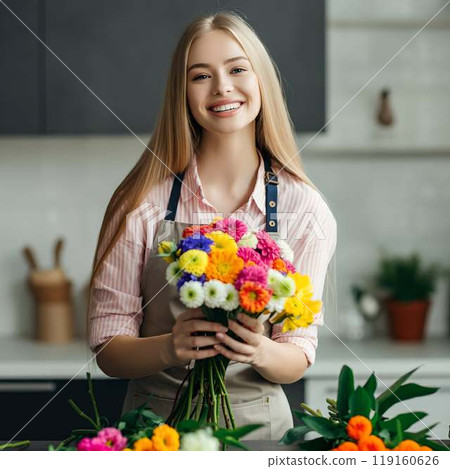 一位可愛的美國女子微笑著紮花 119160626