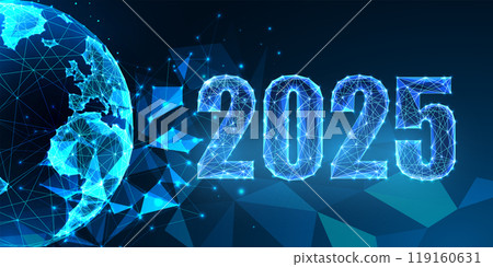 Abstract 2025 global network, New Year digital web banner template. Futuristic blue greeting card  119160631