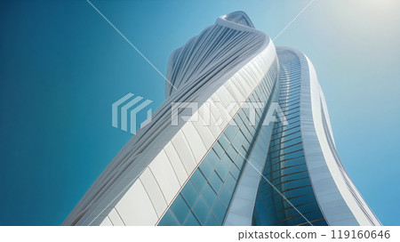 Modern twisting skyscraper reaching upward against a clear blue sky in a vibrant urban skyline 119160646