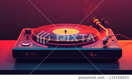 A classic record player illustrated with sleek, modern details and lighting effects 119160683