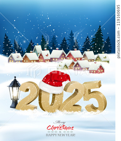 Merry Christmas and New Year Background with 2025 in santa hat and winter village. Vector 119160695
