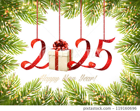 Merry Christmas and Happy New Year background with tree branches and numbers 2025. Vector. 119160696