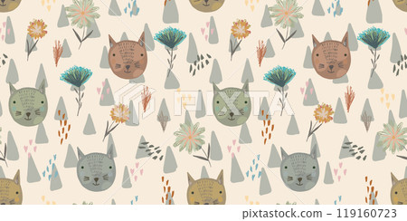 Cute kids seamless pattern with colorful brown and gray cats heads, hearts, childish flowers on mountain texture background. Lovely pets print for textile design, wrapping paper, wallpaper, surface 119160723