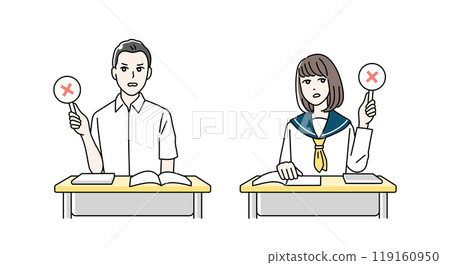 Illustration of male and female high school students giving a round or cross card 119160950
