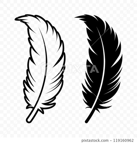 Vector Black and White Fluffy Feather Logo Icons. Silhouette Feather Set Closeup Isolated. Design Template of Flamingo, Angel, Bird Feather. Lightness and Freedom Concept Vector Black and White Fluffy Feather Logo Icons. Silhouette Feather Set Closeup Isolated. Design Template of Flamingo, Angel, Bird Feather. Lightness and Freedom Concept 119160962