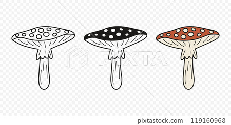 Flat Vector Hand Drawn Cartoon Fly Agaric Mushrooms Outline Illustration. Amanita Muscaria, Fly Agaric Illustration, Mushrooms. Magic Mushroom Icons, Design Template Flat Vector Hand Drawn Cartoon Fly Agaric Mushrooms Outline Illustration. Amanita Muscaria, Fly Agaric Illustration, Mushrooms. Magic Mushroom Icons, Design Template 119160968