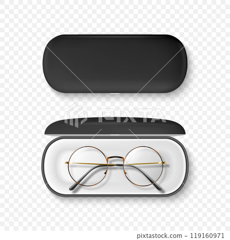 Vector 3D Realistic Round Frame Glasses and Case Set. Tortoise Shell Sunglasses and Closed Case. Vintage Eyeglasses and Case, Top View. Design Template for Optics and Eyewear Branding 119160971