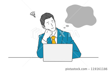 A simple illustration of a businessman worried in front of a computer A simple illustration of a businessman worried in front of a computer 119161186