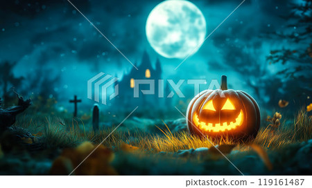 An illustration shows a Halloween pumpkin in a graveyard with a haunted castle under the full moon. The concept reflects a spooky and eerie Halloween night. Generative AI. 119161487