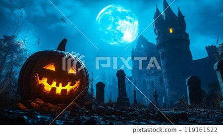 An illustration shows a Halloween pumpkin in a graveyard with a haunted castle under the full moon. The concept reflects a spooky and eerie Halloween night. Generative AI. 119161522