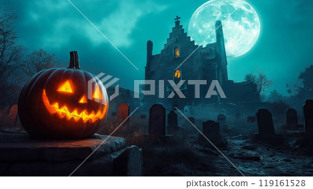 An illustration shows a Halloween pumpkin in a graveyard with a haunted castle under the full moon. The concept reflects a spooky and eerie Halloween night. Generative AI. 119161528