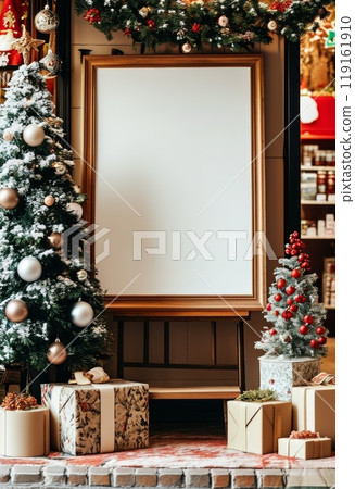 A cozy Christmas mockup featuring a blank wooden frame, surrounded by festive decorations including a snow-dusted Christmas tree, gift boxes, and ornaments. Perfect for seasonal displays and holiday. 119161910