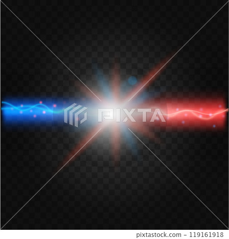 Energetic clash of red and blue energy beams, glowing with light and surrounded by a luminous burst of electricity. A perfect visual for sci-fi themes, energy concepts, and futuristic designs. 119161918