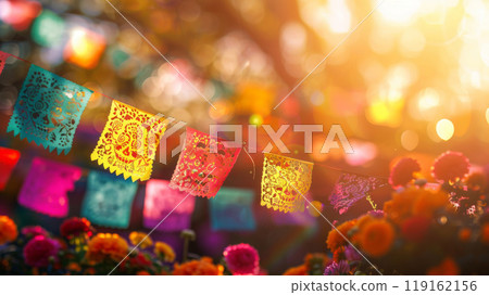Colorful Papel Picado Streamers Dance in Festive Illumination 119162156