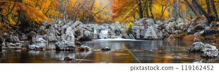 A river with a forest in the background 119162452