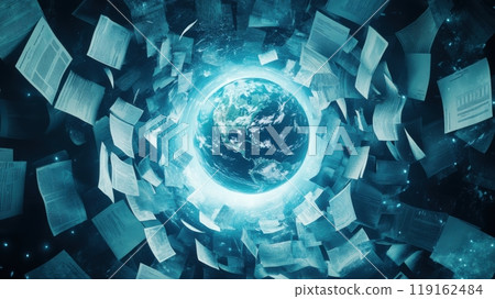 A blue planet with a lot of paper flying around it 119162484