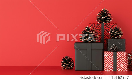 A red background with a stack of black boxes and pine cones. A red background with a stack of black boxes and pine cones. 119162527