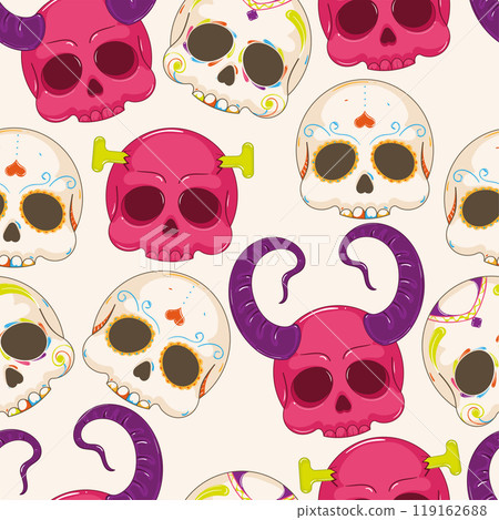 Halloween skull pattern with spooky and decorative designs, Vector Halloween skull pattern with spooky and decorative designs, Vector 119162688