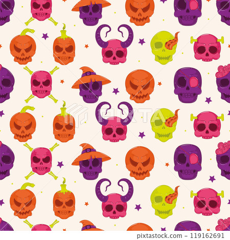 Halloween skull pattern with spooky and decorative designs, Vector 119162691