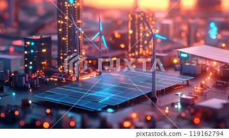 A cityscape with a large wind turbine in the middle 119162794