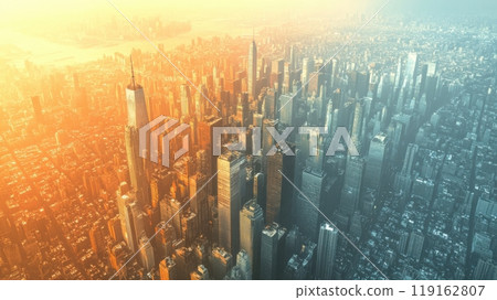 A cityscape with a yellowish tint and a large skyscraper in the middle 119162807