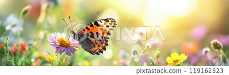 A butterfly is flying over a field of flowers 119162823