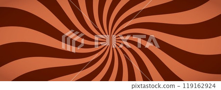 Chocolate color sunburst background. Milk coffee sunbeam pattern design. Brown nougat dessert wallpaper for template, banner, poster, flyer. Rotating cartoon candy rays and beams. Vector 119162924