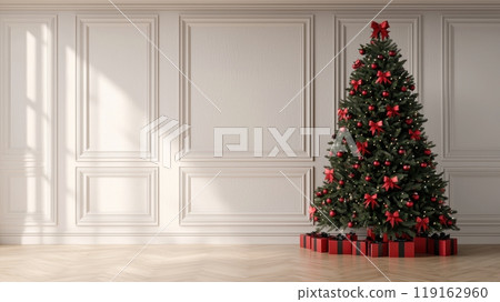 A large Christmas tree is standing in a room with white walls and a wooden floor A large Christmas tree is standing in a room with white walls and a wooden floor 119162960