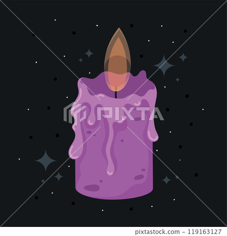 Purple candle with wax drips on a dark starry background, Vector 119163127