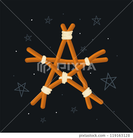 Wicker pentagram on dark background with stars, Vector 119163128