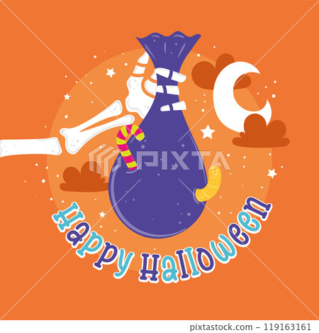 Halloween candy bag with bones and Happy Halloween text, Vector 119163161