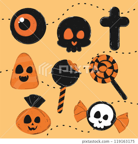 Halloween pattern with skulls, candy, and creepy eyeballs Vector 119163175