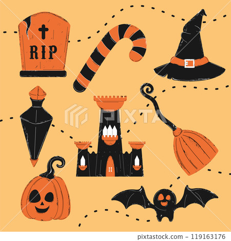 Halloween pattern with tombstones, pumpkins, and witches hats Vector 119163176