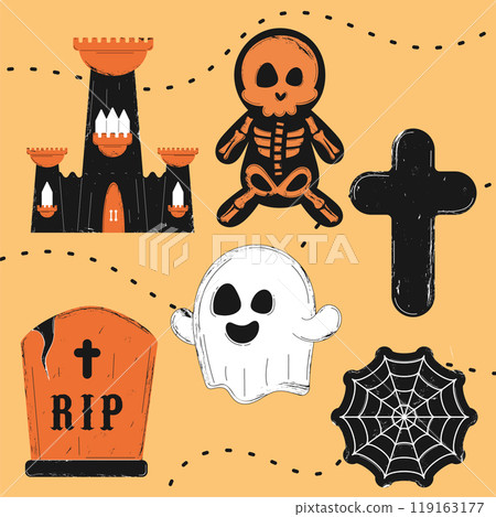 Halloween pattern with ghosts, skeletons, and haunted castles Vector 119163177