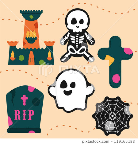 Halloween pattern with ghosts, skeletons, and haunted castles Vector 119163188