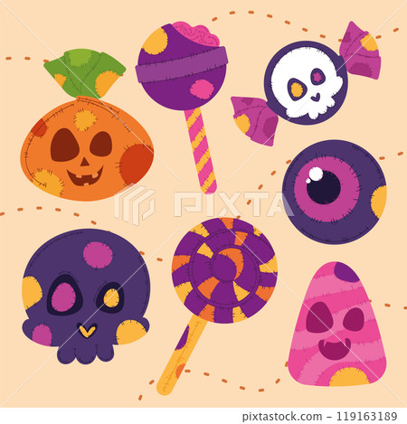 Halloween candy, skulls, pumpkins, and eyeball graphics, Vector 119163189