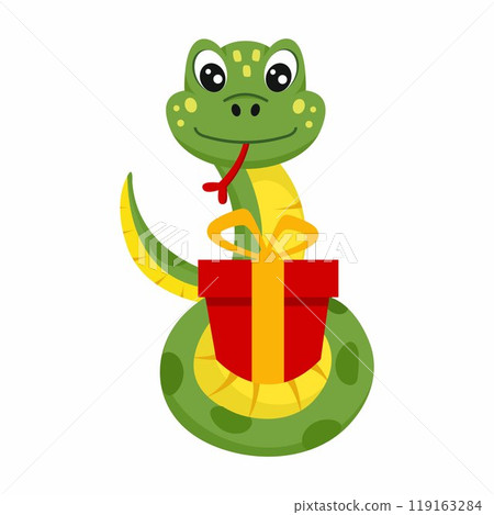 Cute snake and gift. Symbol of new year 2025. Illustration for decoration of postcard. Cute snake and gift. Symbol of new year 2025. Illustration for decoration of postcard. 119163284