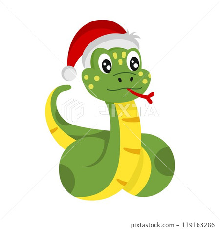 Cute snake in red Christmas hat. Symbol of new year 2025. Illustration for design of postcard. Cute snake in red Christmas hat. Symbol of new year 2025. Illustration for design of postcard. 119163286