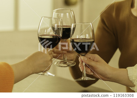 Women's gathering: Close-up of a woman's hands toasting with wine 119163308