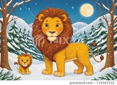 AI-generated image of a mother lion and her cub walking through a forest on a moonlit night 119163318