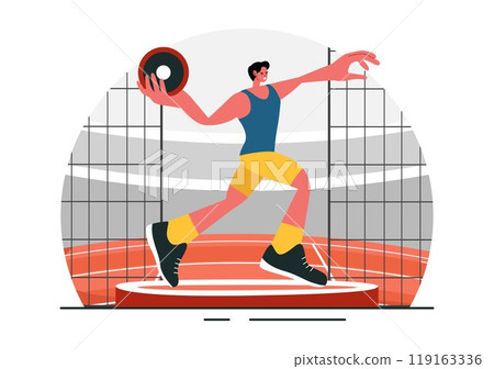 Discus Throw Athletics Vector Illustration featuring an Athlete Throwing a Wooden Disc in a Sports Championship with a Flat Style Cartoon Background 119163336