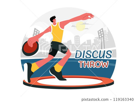 Discus Throw Athletics Vector Illustration featuring an Athlete Throwing a Wooden Disc in a Sports Championship with a Flat Style Cartoon Background 119163340