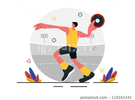Discus Throw Athletics Vector Illustration featuring an Athlete Throwing a Wooden Disc in a Sports Championship with a Flat Style Cartoon Background 119163342